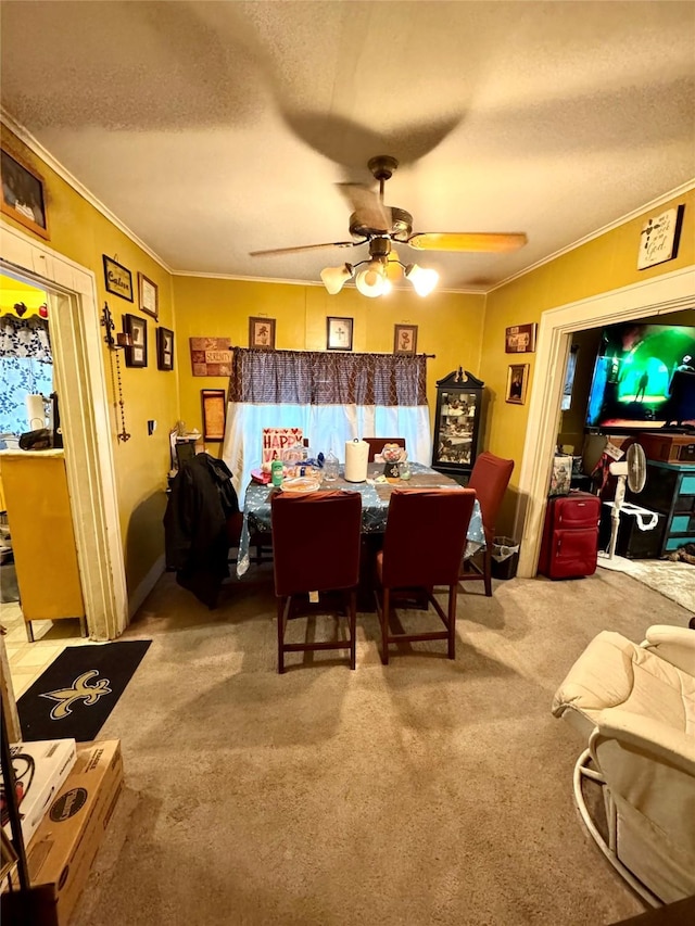 dining space with a ceiling fan, carpet floors, a textured ceiling, and crown molding