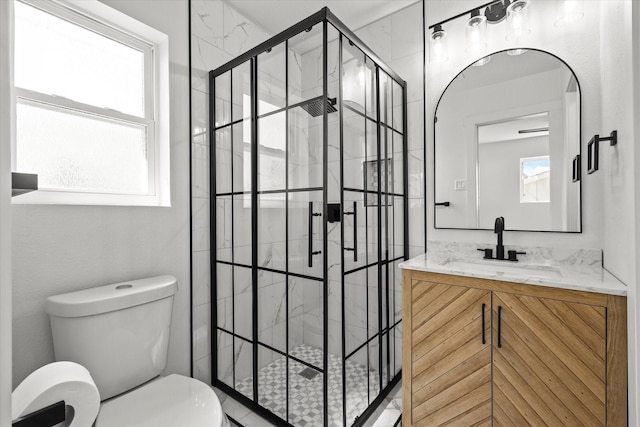 full bathroom featuring vanity, toilet, and a shower stall