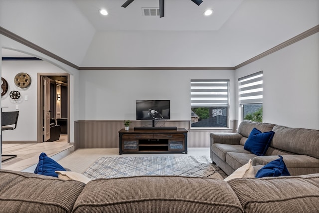 living room with recessed lighting, visible vents, ceiling fan, and crown molding