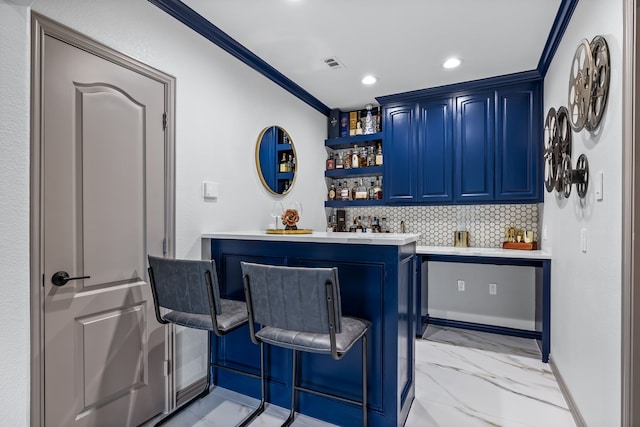 bar with visible vents, marble finish floor, tasteful backsplash, crown molding, and indoor wet bar