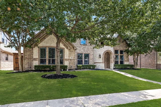 view of front of house featuring a front yard, brick siding, and stone siding