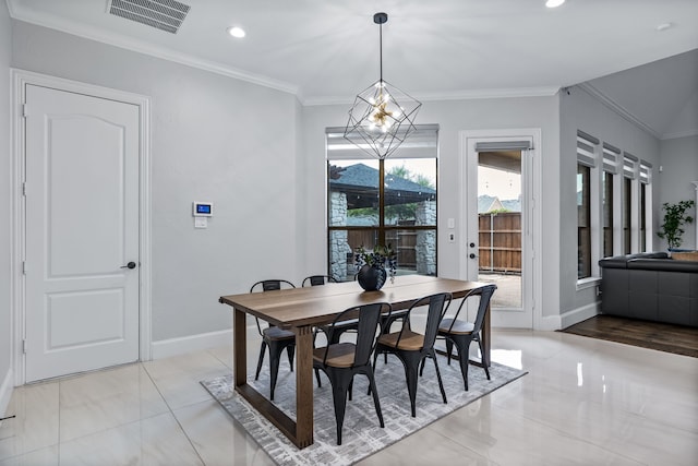 dining space featuring visible vents, crown molding, baseboards, recessed lighting, and a notable chandelier