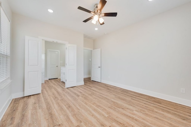 unfurnished bedroom with recessed lighting, baseboards, light wood finished floors, and ceiling fan