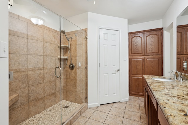 full bath with tile patterned floors, vanity, and a shower stall