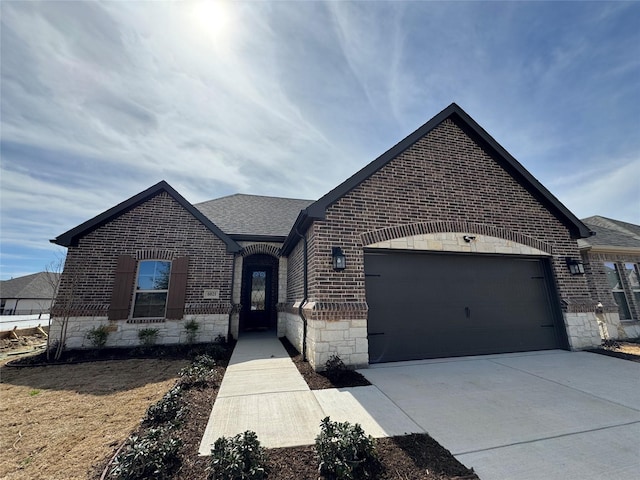 view of front facade with brick siding, stone siding, driveway, and a garage