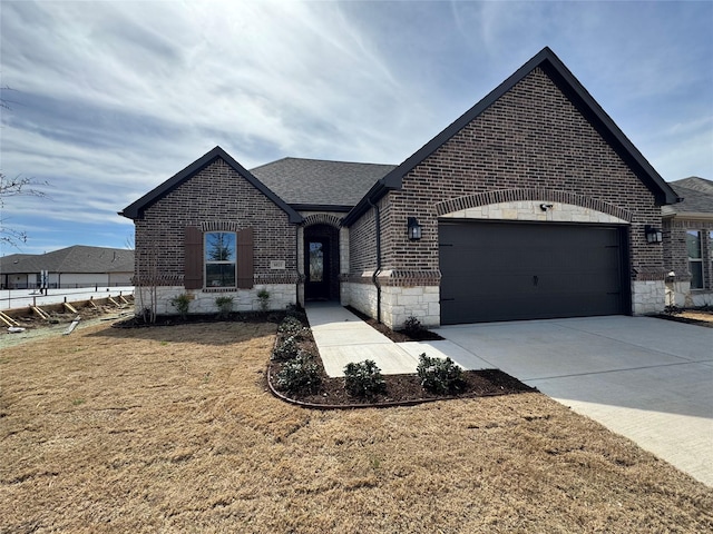 french country style house with a garage, brick siding, roof with shingles, and concrete driveway