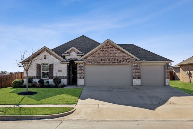 french country home with a front yard, fence, brick siding, and a shingled roof