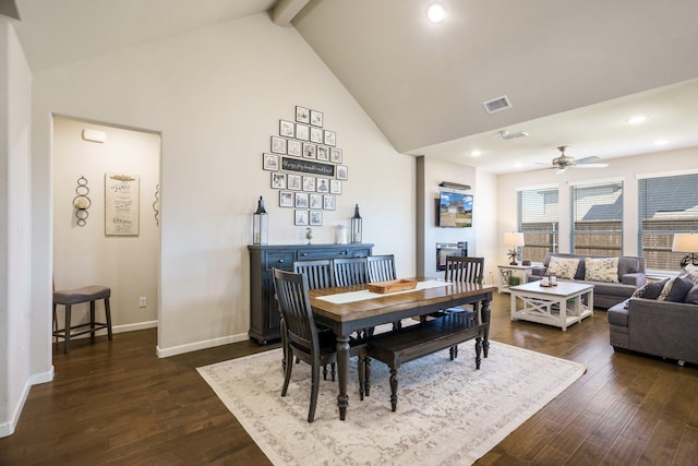 dining area featuring ceiling fan, visible vents, baseboards, and dark wood finished floors