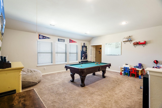 game room with visible vents, billiards, carpet, baseboards, and vaulted ceiling