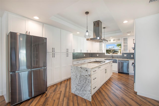 kitchen with backsplash, dark wood-type flooring, a tray ceiling, island exhaust hood, and stainless steel appliances