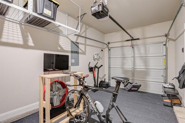 workout room with electric panel, baseboards, and a garage