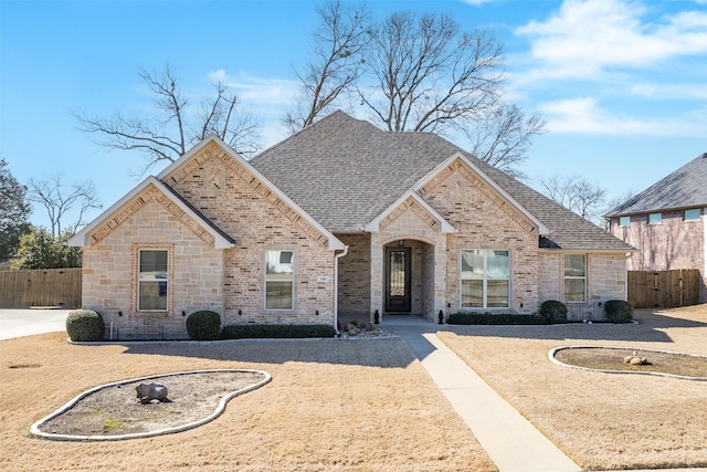 french country inspired facade with fence, brick siding, and roof with shingles