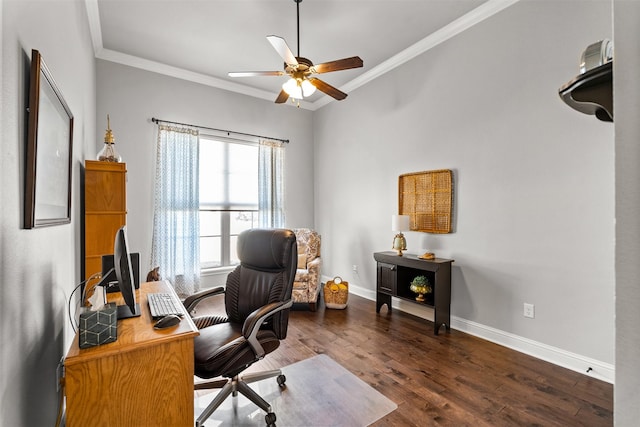 office featuring ceiling fan, baseboards, wood finished floors, and ornamental molding