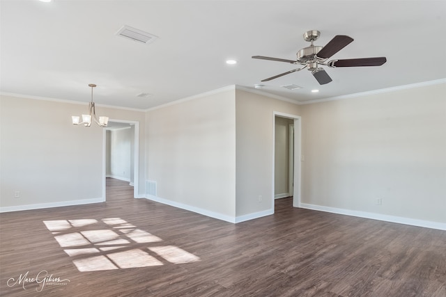 unfurnished room with dark wood-style floors and ornamental molding