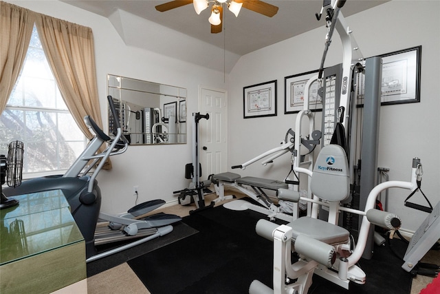 workout room with baseboards, carpet floors, ceiling fan, and vaulted ceiling