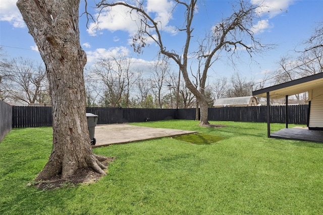 view of yard with a fenced backyard and a patio