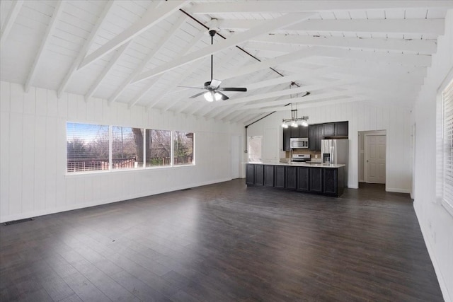 unfurnished living room featuring vaulted ceiling with beams, visible vents, dark wood-style flooring, and ceiling fan