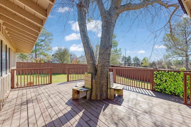 wooden deck featuring fence and a lawn