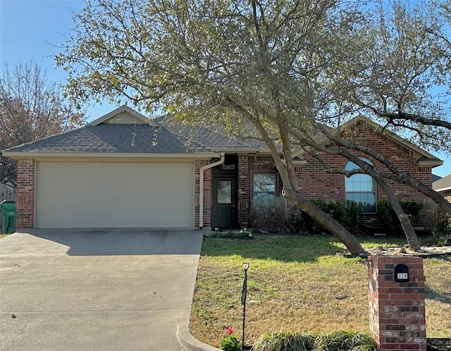 ranch-style house with brick siding, roof with shingles, concrete driveway, and an attached garage