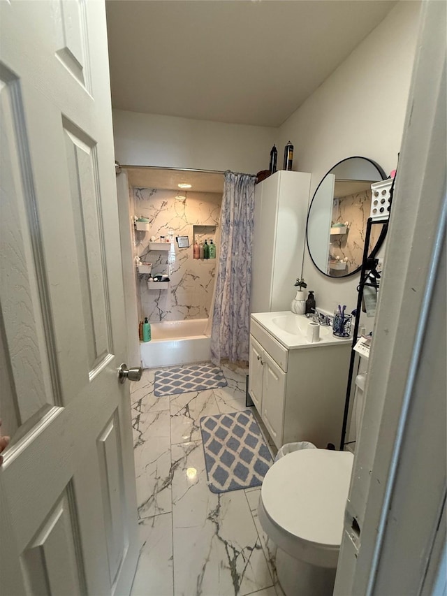 2208 Wagner Ave, Fort Worth, TX 76106 - bathroom featuring shower / tub combo with curtain, marble finish floor, toilet, and vanity