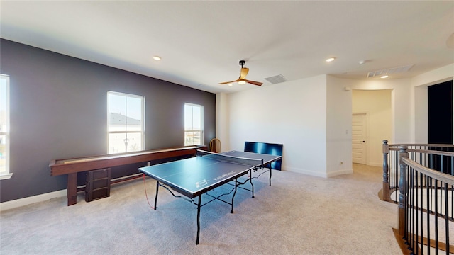 recreation room featuring recessed lighting, carpet, visible vents, and baseboards