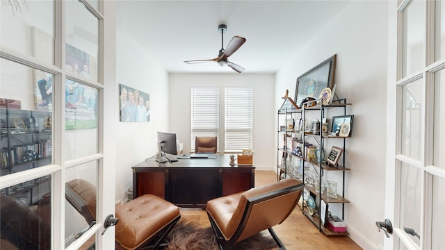 14045 Rozana St, Fort Worth, TX 76008 - home office featuring a ceiling fan, baseboards, and light wood-style floors