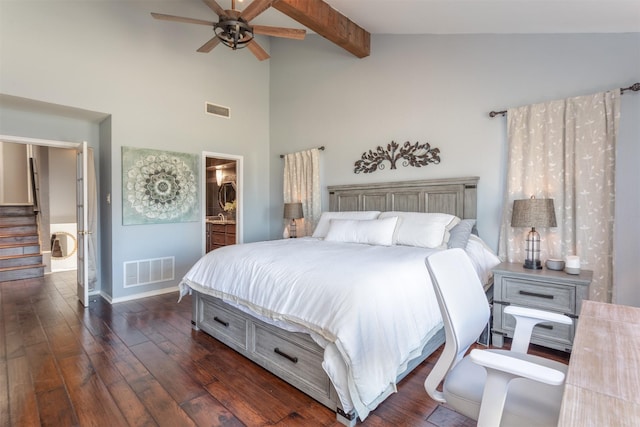 bedroom with dark wood-type flooring, beamed ceiling, baseboards, and visible vents