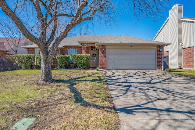 ranch-style house with brick siding, a front lawn, fence, concrete driveway, and an attached garage