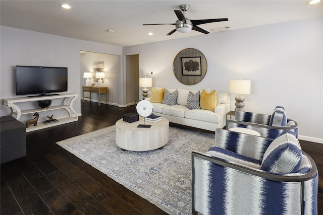 living room with recessed lighting, ceiling fan, baseboards, and wood finished floors