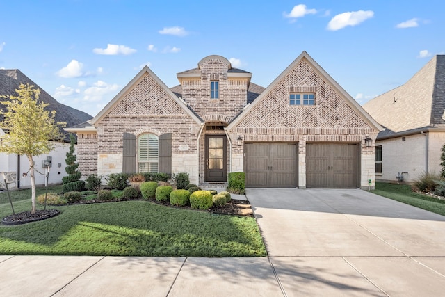 french country inspired facade featuring a front lawn, stone siding, concrete driveway, a garage, and brick siding