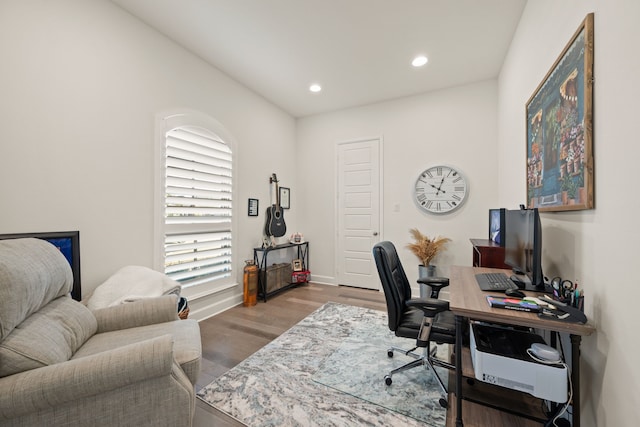 home office featuring recessed lighting and wood finished floors