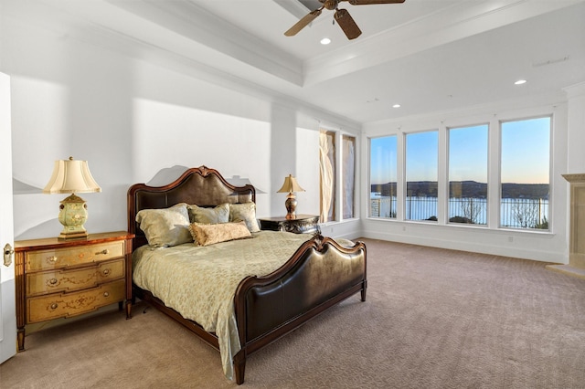 carpeted bedroom featuring recessed lighting, ornamental molding, and a ceiling fan