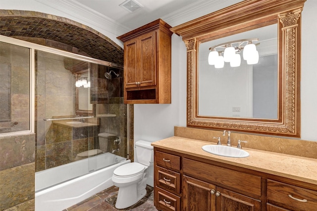 full bath featuring visible vents, enclosed tub / shower combo, toilet, and vanity