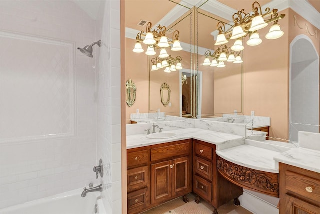 bathroom with shower / tub combination, vanity, and crown molding