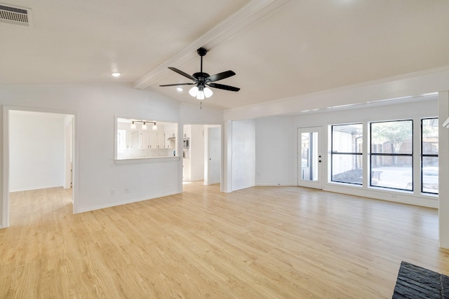 unfurnished living room with a ceiling fan, wood finished floors, visible vents, baseboards, and lofted ceiling with beams