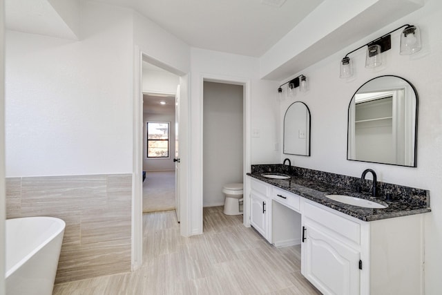 full bathroom featuring a sink, a freestanding tub, toilet, and double vanity