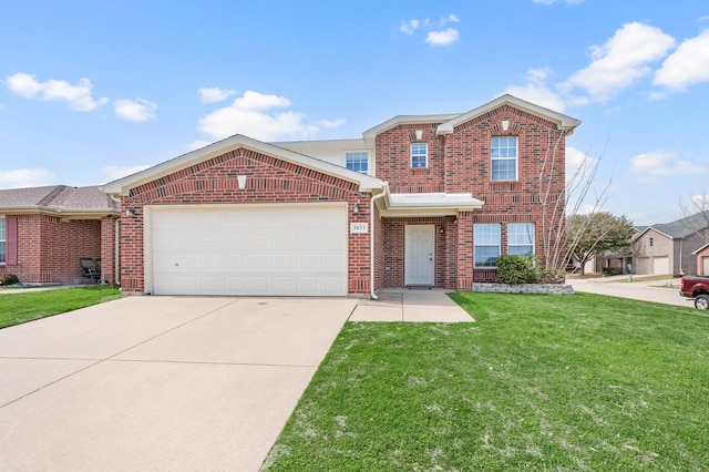 traditional home with a garage, brick siding, concrete driveway, and a front lawn