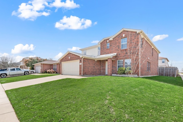 traditional-style house with a front lawn, driveway, fence, a garage, and brick siding