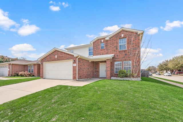 traditional-style home featuring a garage, brick siding, concrete driveway, and a front yard