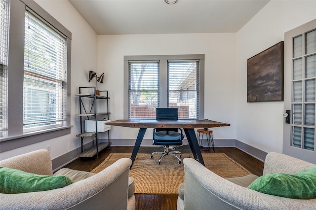 office space featuring plenty of natural light, baseboards, and wood finished floors