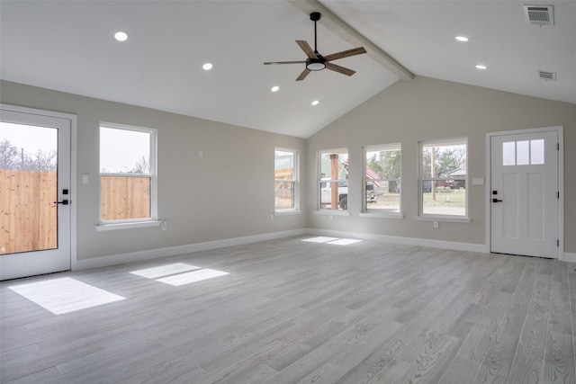 unfurnished living room featuring lofted ceiling with beams, visible vents, baseboards, and light wood-style floors