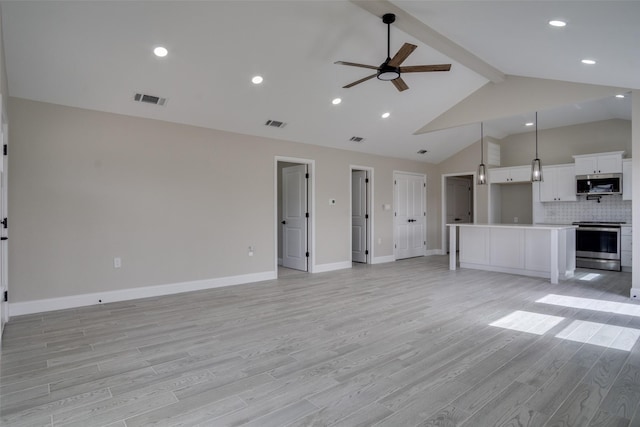 unfurnished living room featuring light wood finished floors, visible vents, baseboards, beamed ceiling, and a ceiling fan