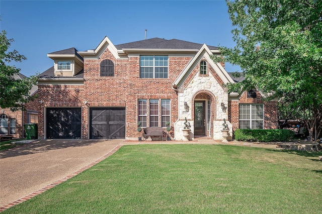 view of front of home featuring brick siding, driveway, an attached garage, and a front yard