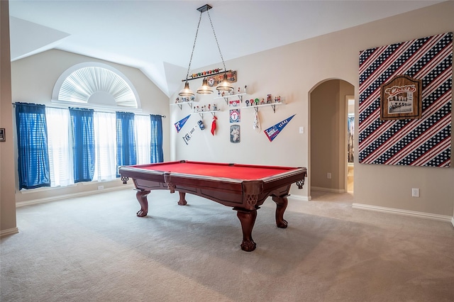 rec room with billiards, arched walkways, carpet flooring, baseboards, and vaulted ceiling