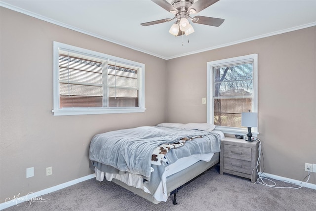 bedroom featuring carpet flooring, ceiling fan, crown molding, and baseboards