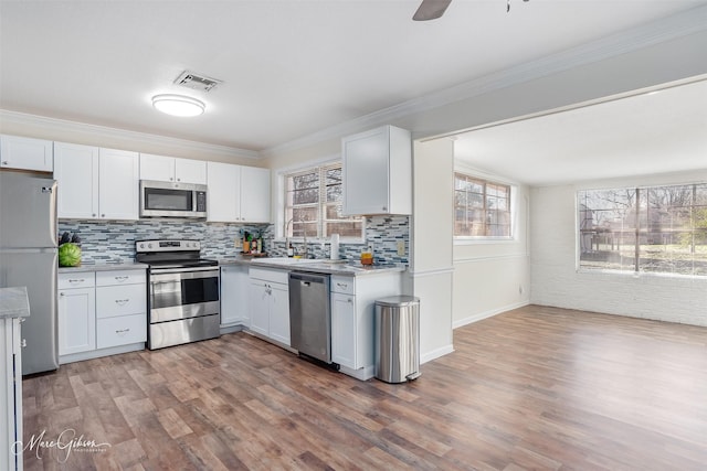 kitchen with visible vents, a sink, wood finished floors, white cabinetry, and appliances with stainless steel finishes