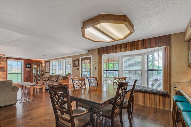 dining room with wood-type flooring, a textured ceiling, and wooden walls