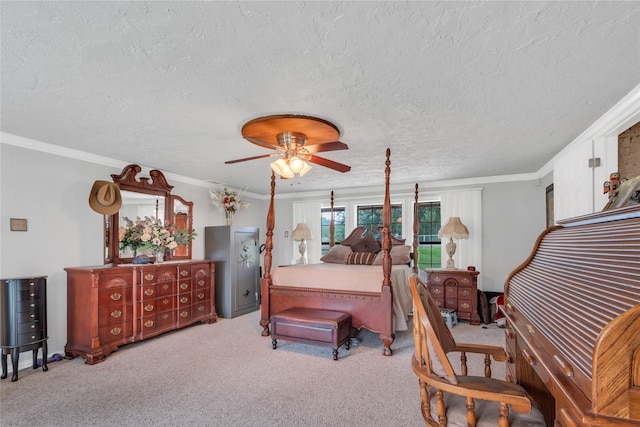 bedroom featuring carpet flooring, a textured ceiling, and crown molding