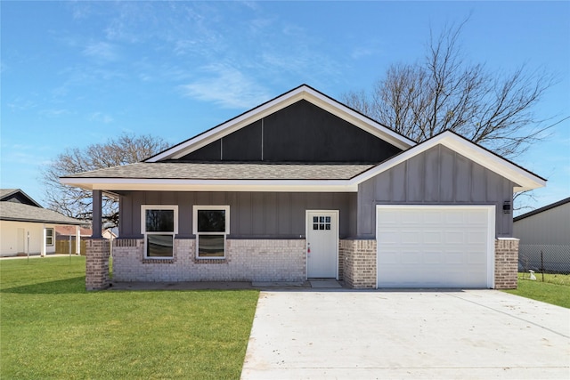 view of front facade featuring a garage, a front lawn, concrete driveway, and board and batten siding