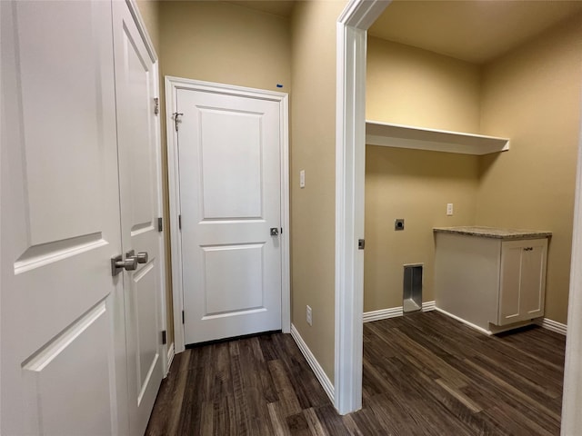 washroom with laundry area, baseboards, dark wood-style flooring, and hookup for an electric dryer